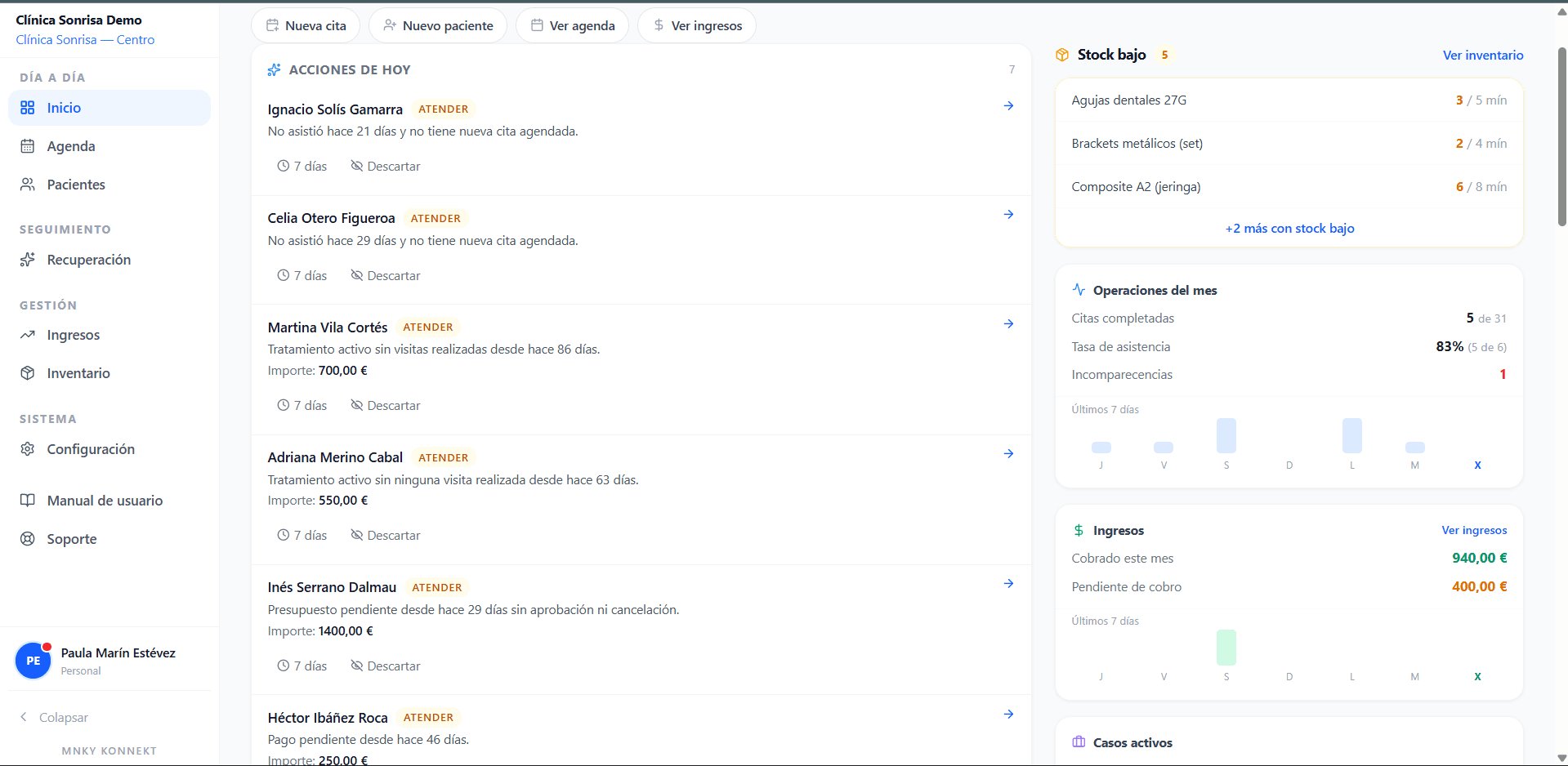 OrthoApp — pantalla de inicio con acciones del día e ingresos